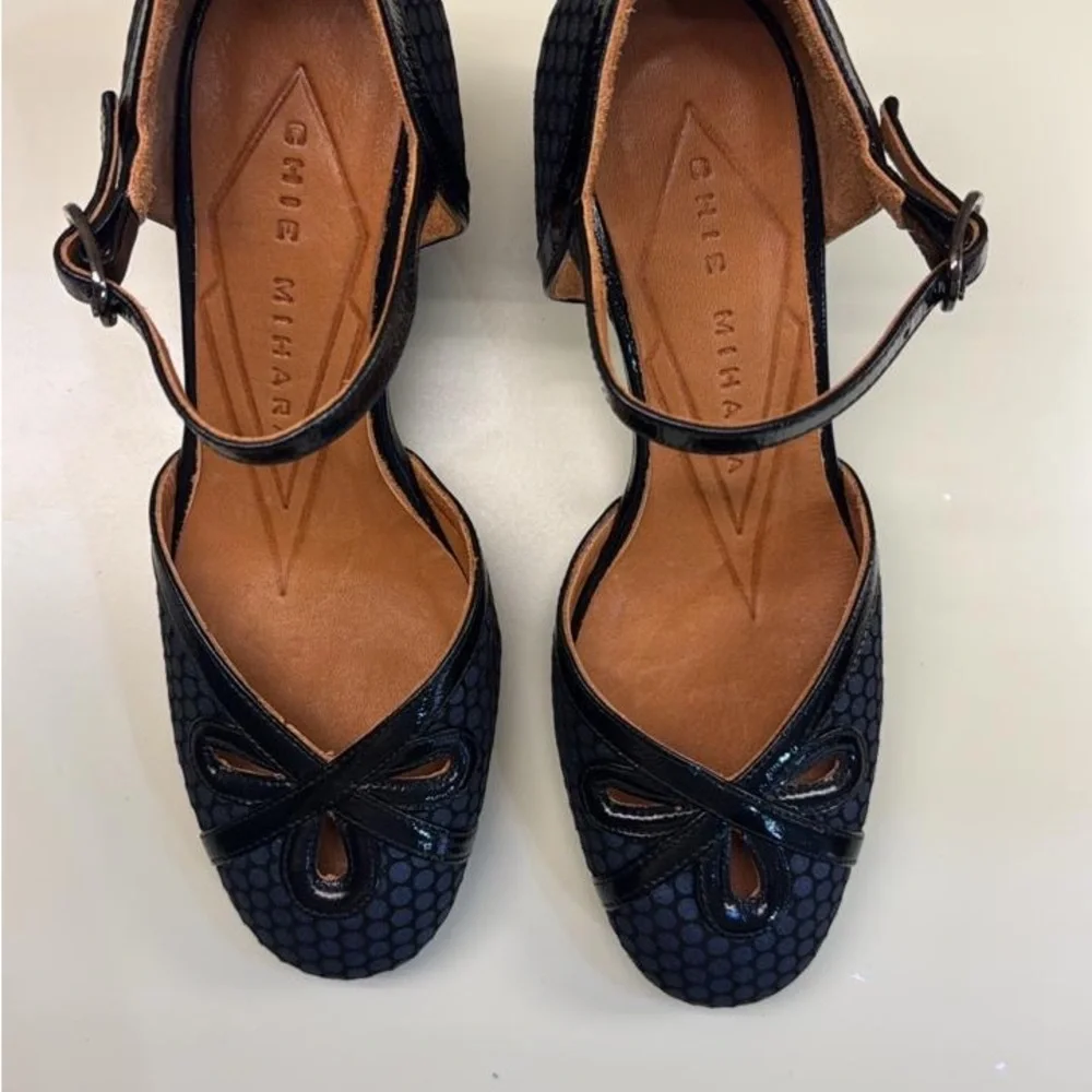 Chie Mihara Navy Polka Dot Mary Jane Block Heels - Picture 2 of 5